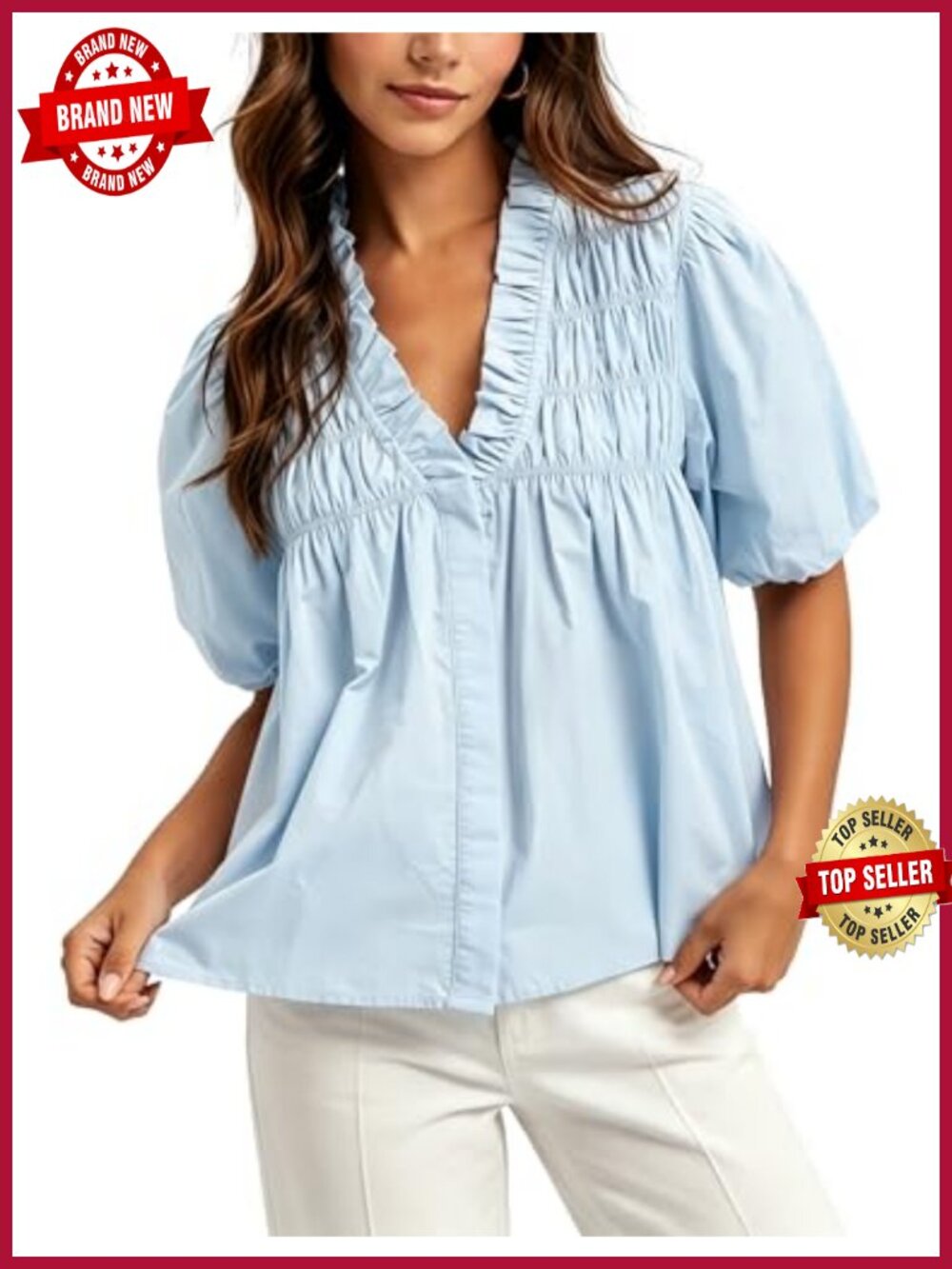 Puff Short Sleeve Blouse V Neck Smocked Top Loose Fit Flowy Summer Shirt